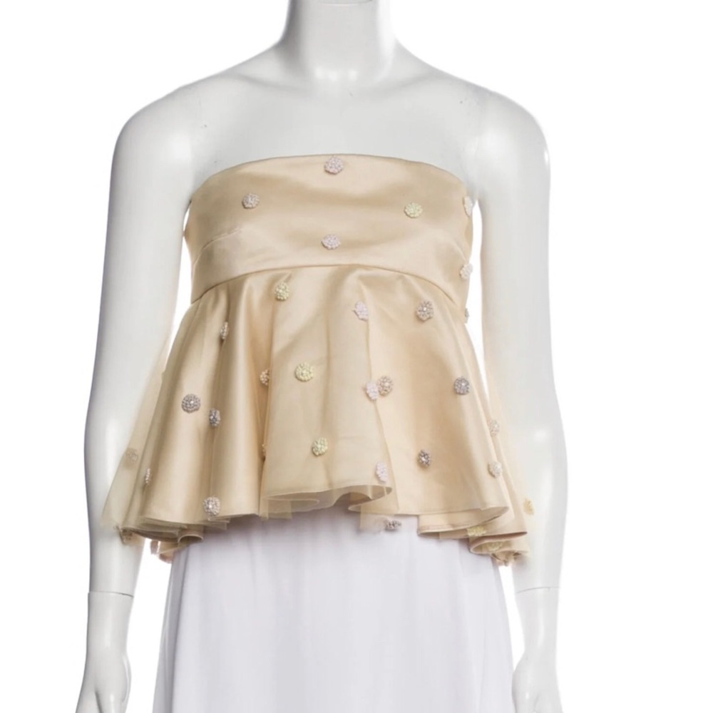 Natasha Zinko Strapless Peplum Tube Top Gold Embroidered Pom Pom Flowers sz 4-6